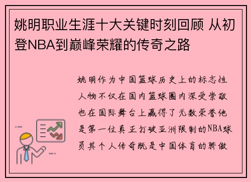 姚明职业生涯十大关键时刻回顾 从初登NBA到巅峰荣耀的传奇之路
