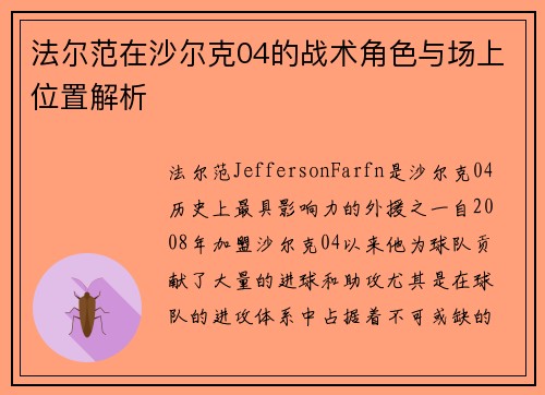 法尔范在沙尔克04的战术角色与场上位置解析